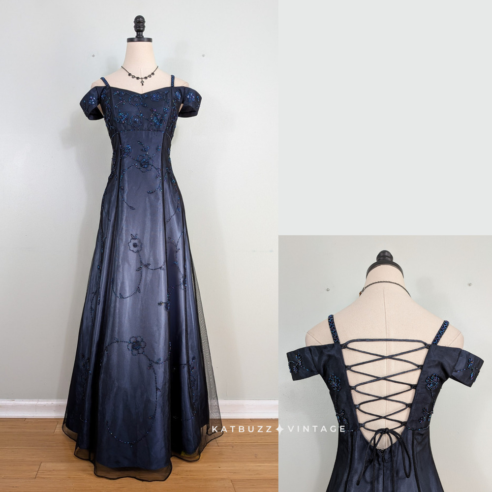 Vintage Nites Prom Dress Maxi Gown 4 Blue Ombre Fairy Princess Goth 90s Y2K Bead